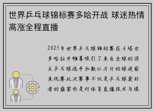 世界乒乓球锦标赛多哈开战 球迷热情高涨全程直播
