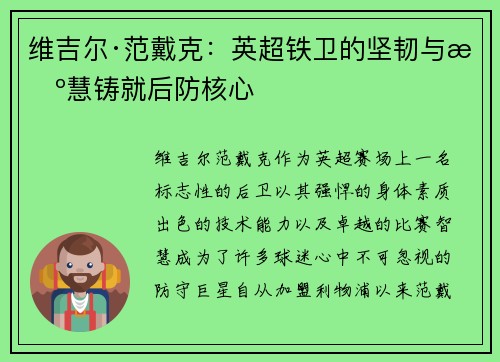 维吉尔·范戴克:英超铁卫的坚韧与智慧铸就后防核心 维吉尔·范戴克:英超铁卫的坚韧与智慧铸就后防核心