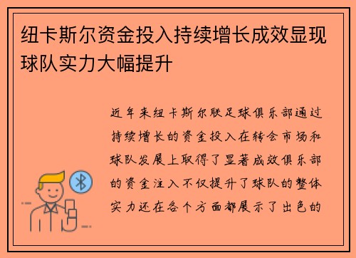 纽卡斯尔资金投入持续增长成效显现球队实力大幅提升