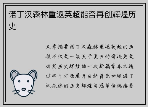 诺丁汉森林重返英超能否再创辉煌历史